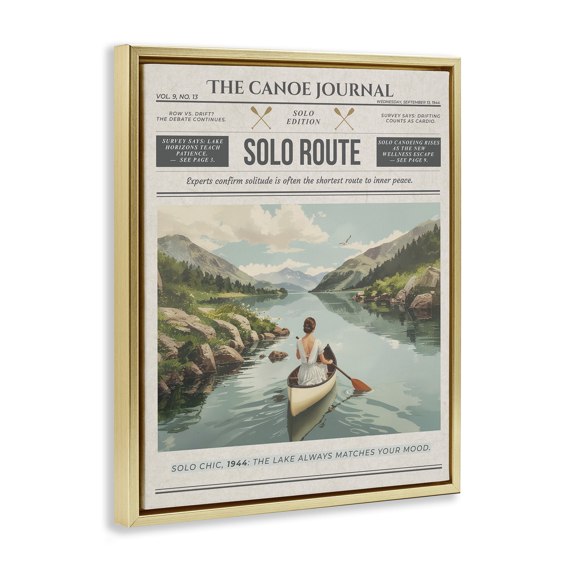 Stupell Industries Canoe Journal Newspaper Gold Framed Floater Canvas Wall Art, design by A Barefoot Stylist