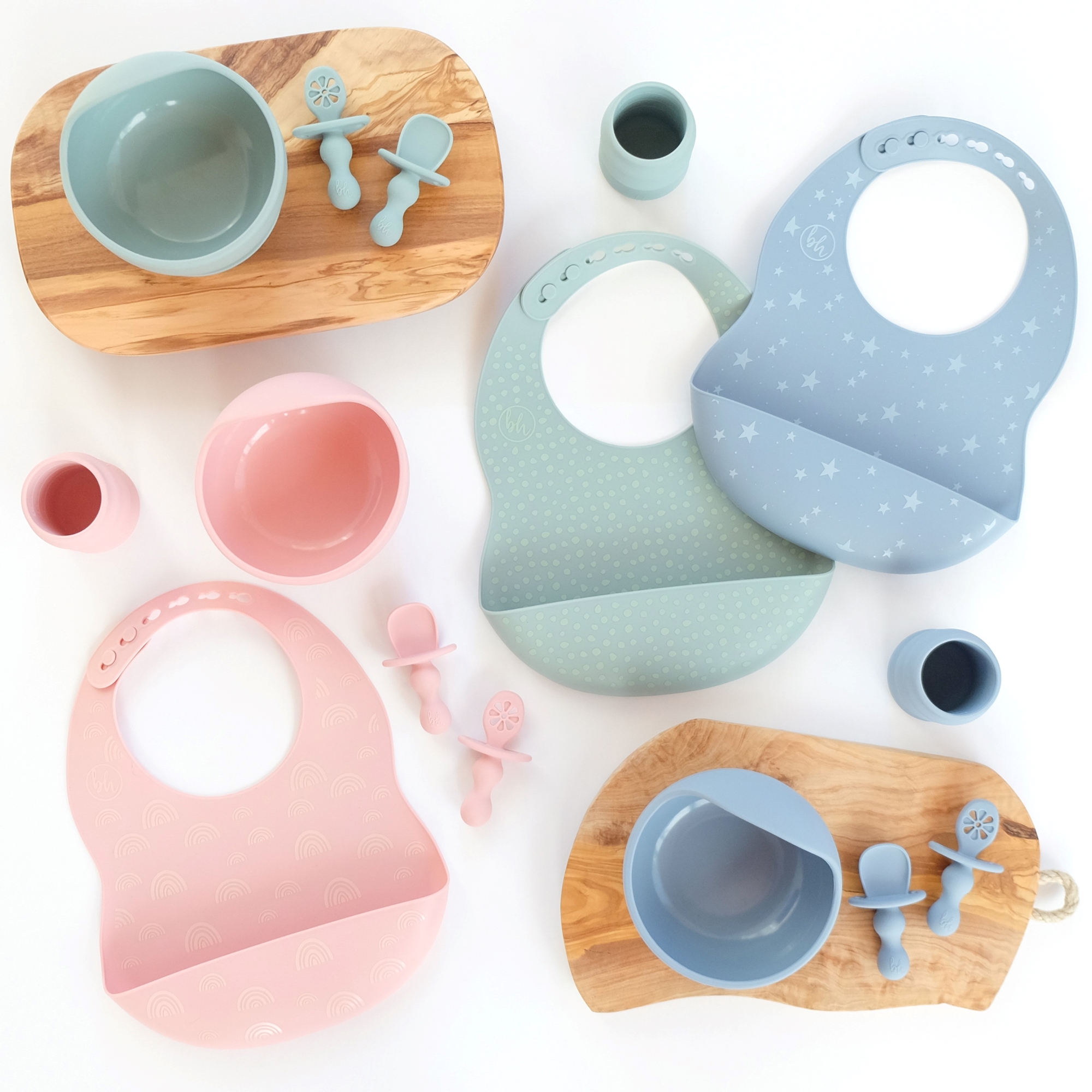BooginHead 5-Piece Baby-Led Weaning Silicone Tableware, Infants and Toddler Boys and Girls, 4-Way In-Store Display Pink Blue Green