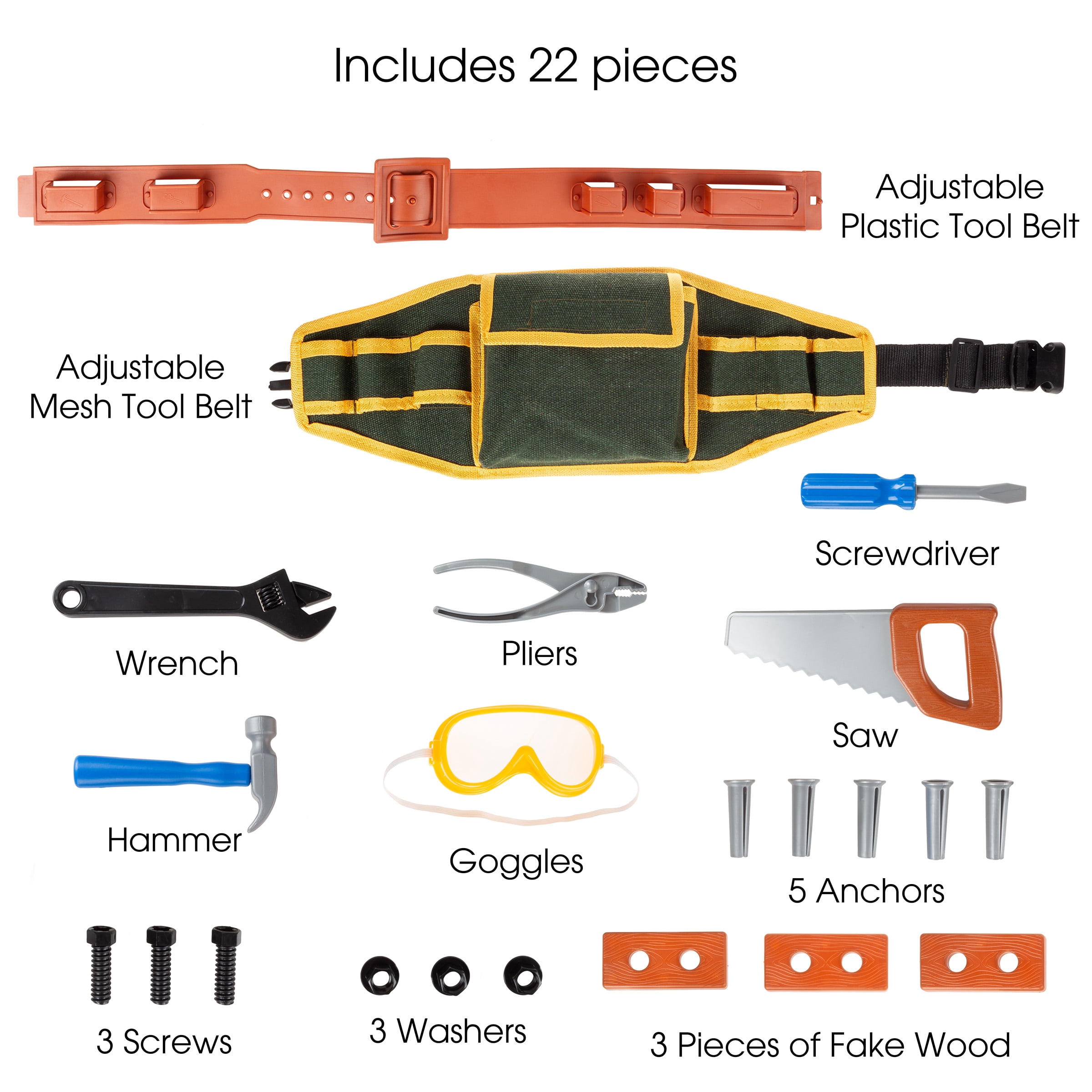 Hey! Play! Kids Tool Belt Set - 22-Piece Children's Handyman Kit with 2 Belts