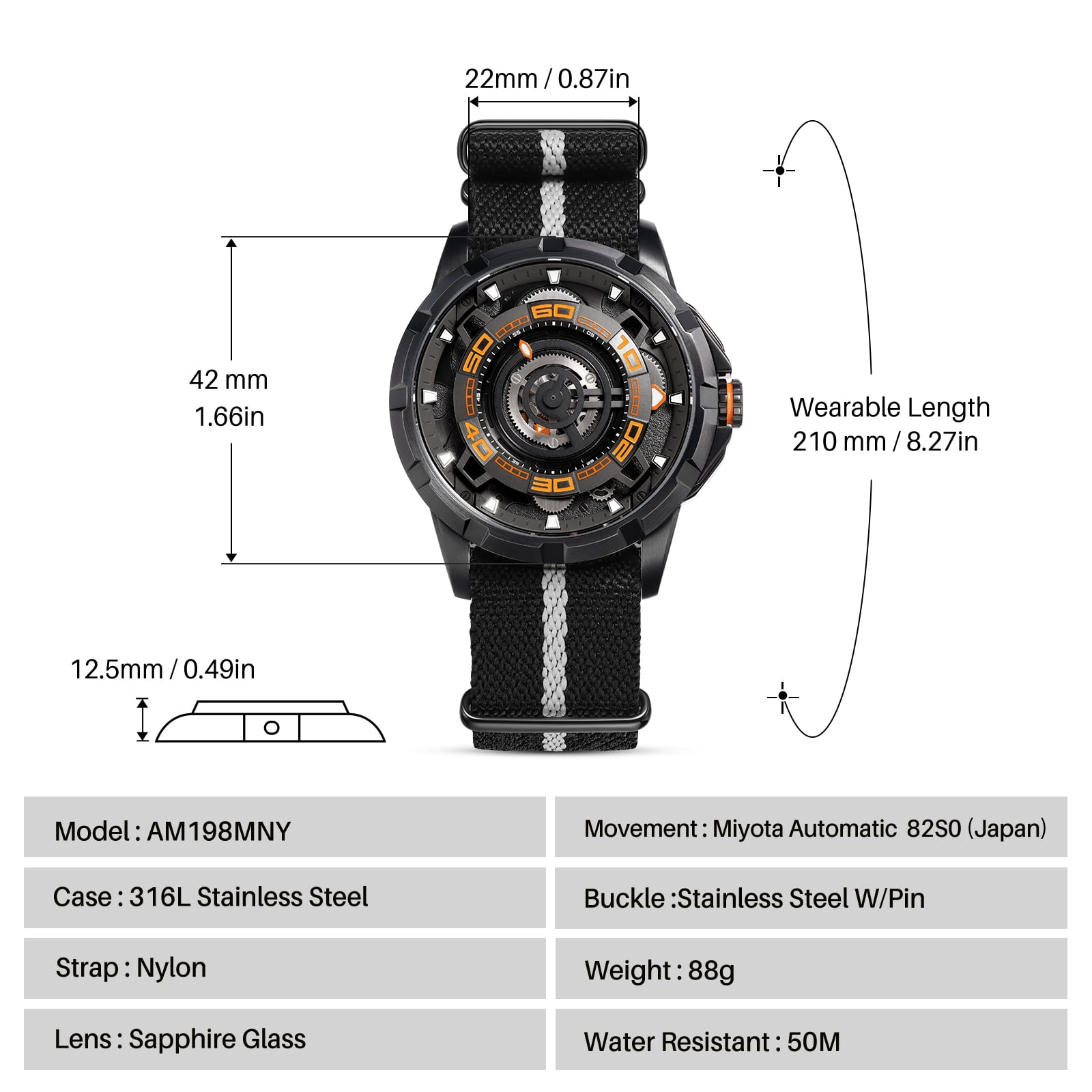 BERNY Mens Skeleton Automatic Watch, Luxury Fashion Self Winding Mechanical Watch with Nylon Strap, Exhibition Caseback, Sapphire Crystal, Luminous 50M Waterproof Watches for Mens Gifts (Black)