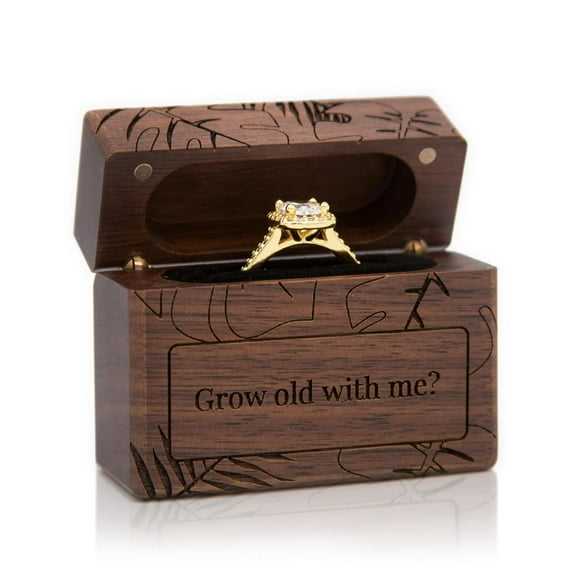 MUUJEE Grow Old With Me Engraved Wooden Ring Box, Slim Engagement Proposal Ring Holder, Wedding Ceremony Ring Bearer Box, Fiance Gift Ideas