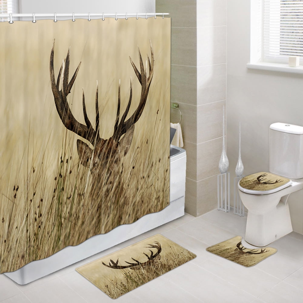 Camo Hunting Theme Shower Curtain and Bath Rug Set, Whitetail Deer Fawn