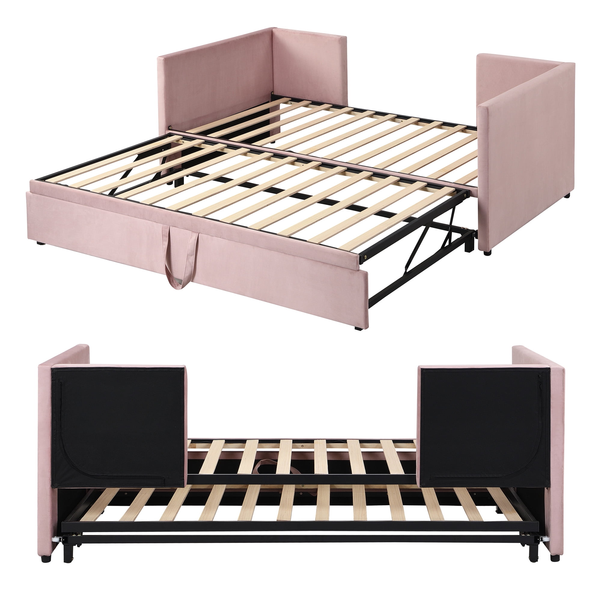 Aukfa Kids Upholstered Expandable Twin-to-King Daybed with Trundle, Pink
