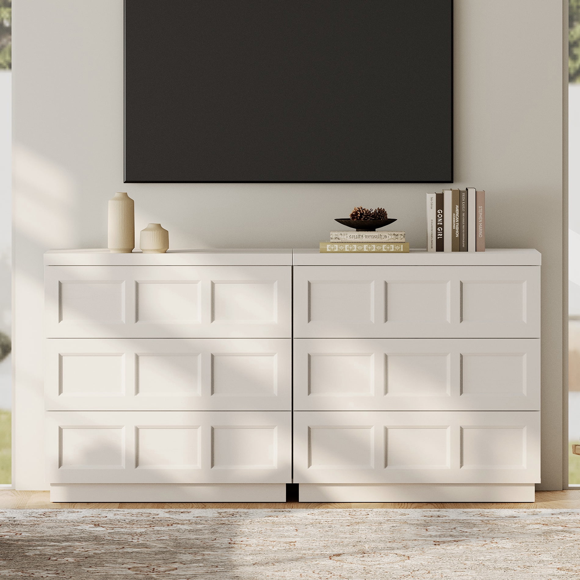 HOMOOI 6-Drawer TV Stand for 40-70" TV, Boho 2 in 1 Thickened Wood Media Console With Smooth Silent Gliding Drawers, Anti-Wobble Stable Entertainment Center for Living Room,White