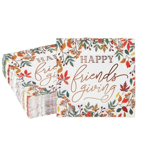 Sparkle and Bash 50 Pack Friendsgiving Napkins, 5x5 Inch Cocktail Napkins with Fall Leaves and Rose Gold Foil for Thanksgiving Party Decorations Supplies (3-Ply)