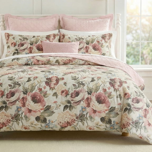 Cotton Floral Duvet Cover Set King Size Bedding Set Pink Red Floral Botanical Print Girls Women Romantic Bedroom Decor Soft & Breathable 100% Cotton Duvet Cover with 8 Corner Ties