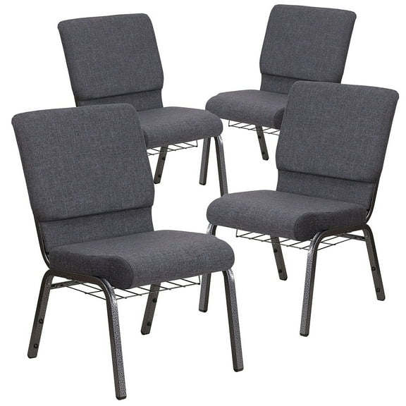 4 Pk. 18.5''W Dark Gray Fabric Church Chair, Book Rack - Silver Vein Frame