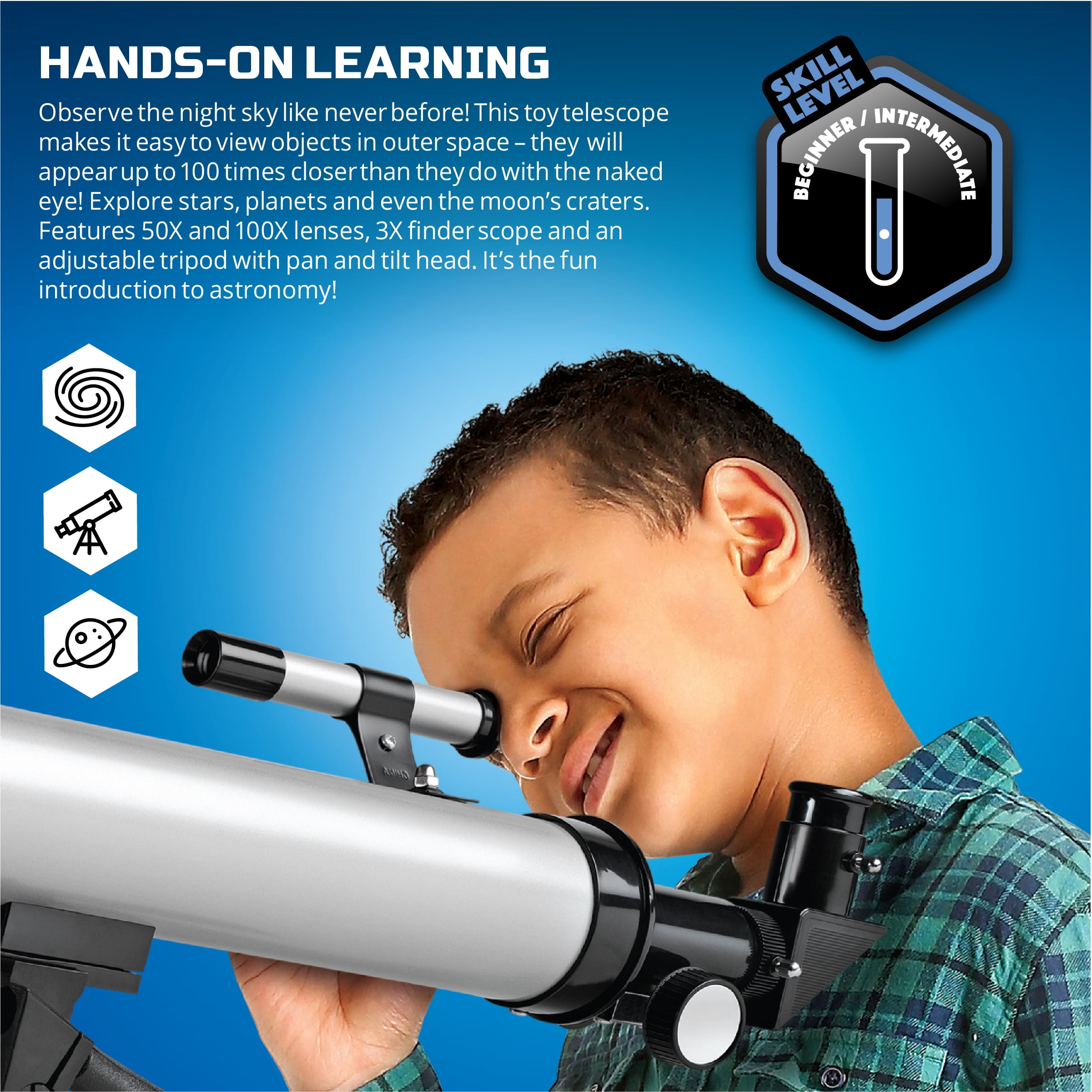 Discovery™ #Mindblown Telescope with Tripod, 50X and 100X Lenses, Adjustable Pan and Tilt