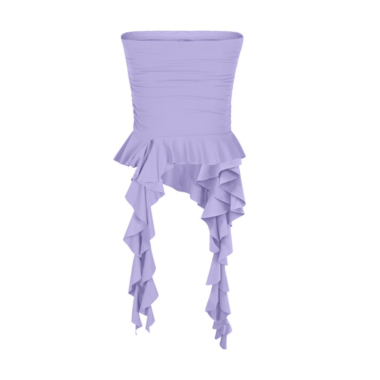 HaoXianJian Women Strapless Top Ruffled Asymmetrical Hem