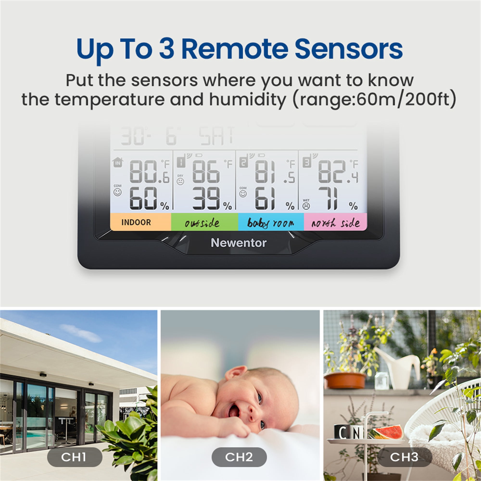 Newentor 6" Digital Display Weather Station for Home with 3 Outdoor Sensors, Indoor Outdoor Thermometer, Black