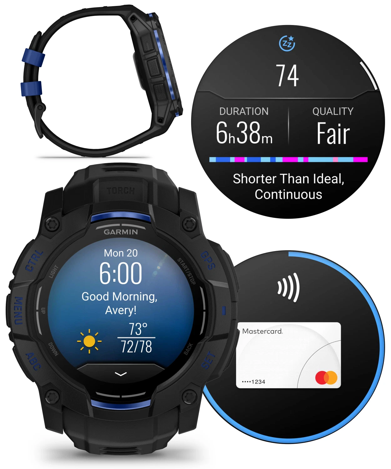 Garmin Instinct 3 Rugged Outdoor GPS Smartwatch – 50mm AMOLED, Supernova Collection, Health & Fitness Tracking, Multi-Band GPS, LED Flashlight, Black/Bolt Blue w/ Wearable4U PowerBank Bundle