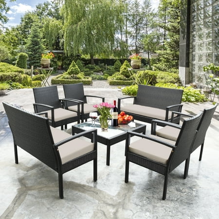 Gymax 8PCS Woven Rattan Table Chair Set Gargen Sofa Unit w/ Cushioned