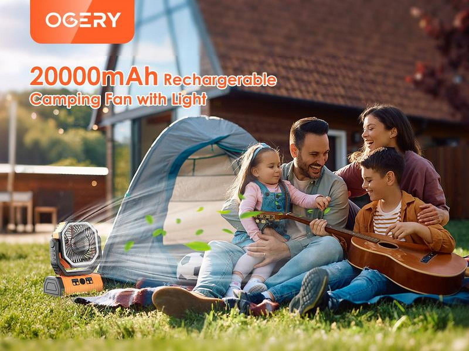 20000mAh Rechargeable Camping Fan with LED Light, Portable Multi-functional Fan with 360° Rotating Hook, Oscillating Emergency Camping Fan