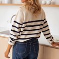 thumbnail image 4 of Sweaters for Women Stripe Henley Neck Long Sleeve Loose Knit Pullover Casual Stylish Retro Versatile Top Beige L, 4 of 9