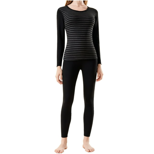 ABATAB Tenues d'Automne pour Femmes 2 Pcs Col Rond Manches Longues Hauts Rayés et Pantalons sous-Vêtements Thermiques Confortables et Doux