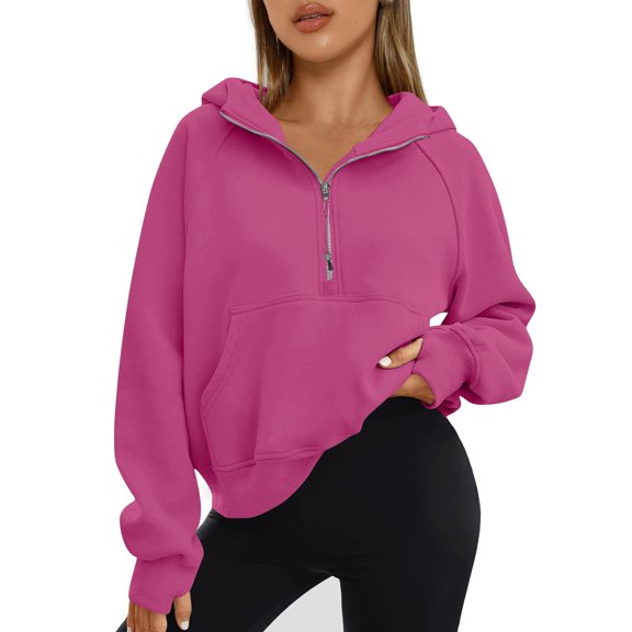 Dwellite Womens Sweatshirts Half Zip Cropped Pullover Quarter Zipper Fall Hoodies 2026 Fall Winter with Pockets Hot Pink 2XL