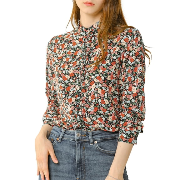 Allegra K Women's Floral Print Long Sleeve Stand Collar Casual Shirt