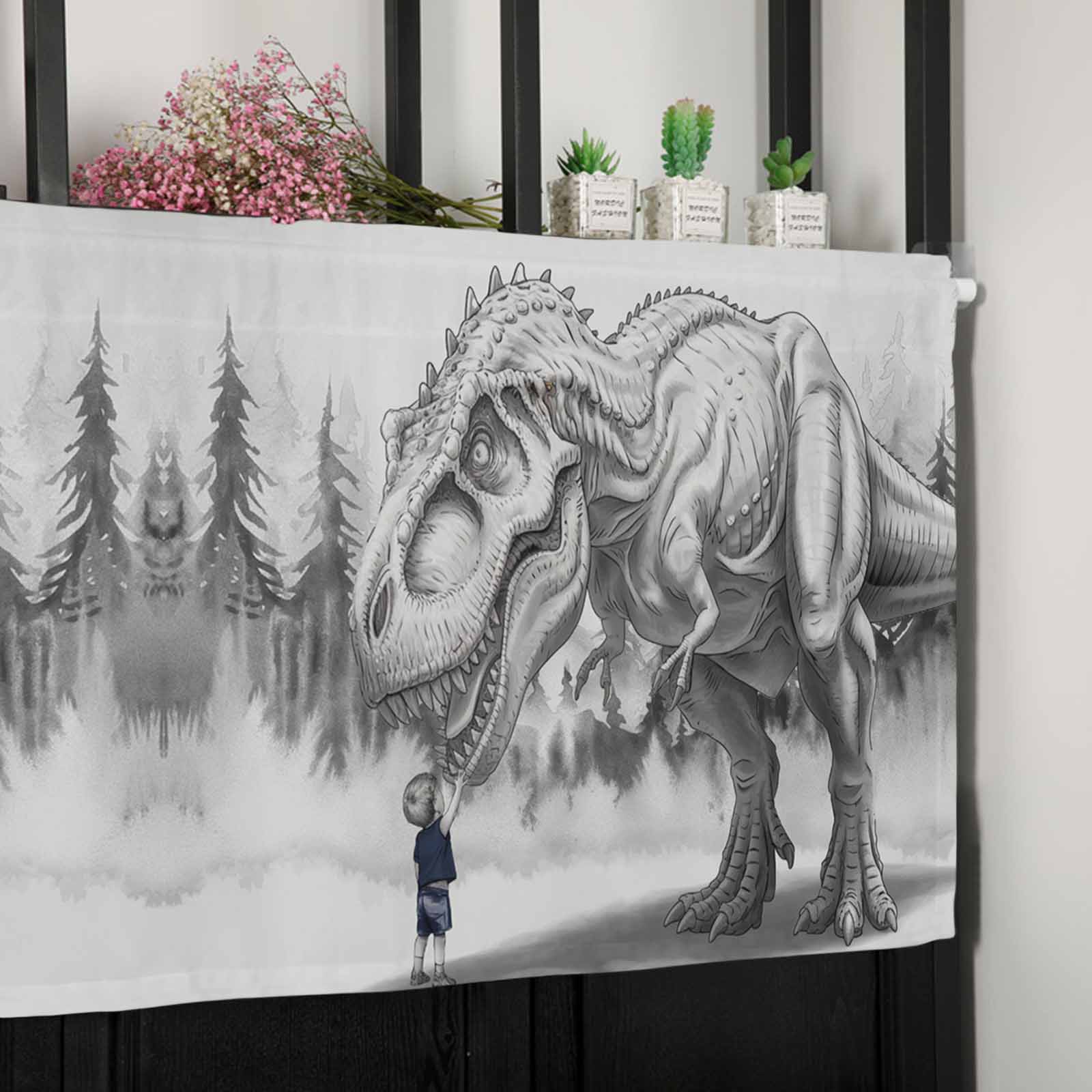 nqOlkjepod Dinosaurs Boy Farmhouse Short Window Curtain Valances, Gray Funny Cartoon Forest Animals Rod Pocket Kitchen Valances for Living Room Bedroom Bathroom Cafe, 1 Panel - 60" x 18"