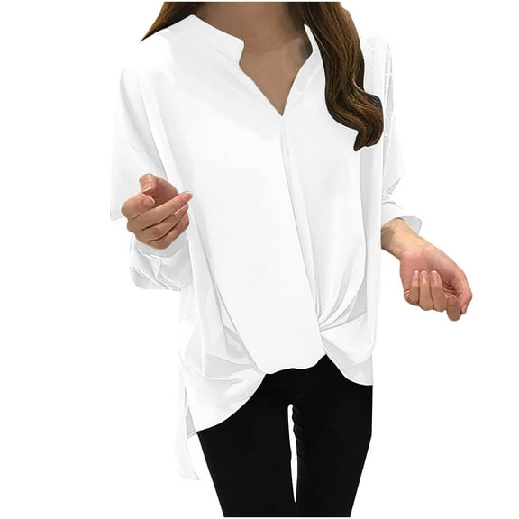 HAiming Plus Size Shirts for Women Solid Color V Neck Long Sleeve Tunic Tops Loose Casual Pullover Elegant Blouse