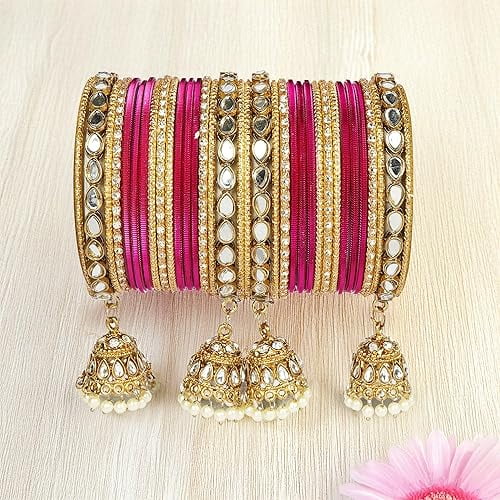 RUPIKA Indian Wedding Bangles Set - Pink & Gold Crystal Bridal Jewelry, Traditional Party Wear, Lightweight Stackable Bracelets