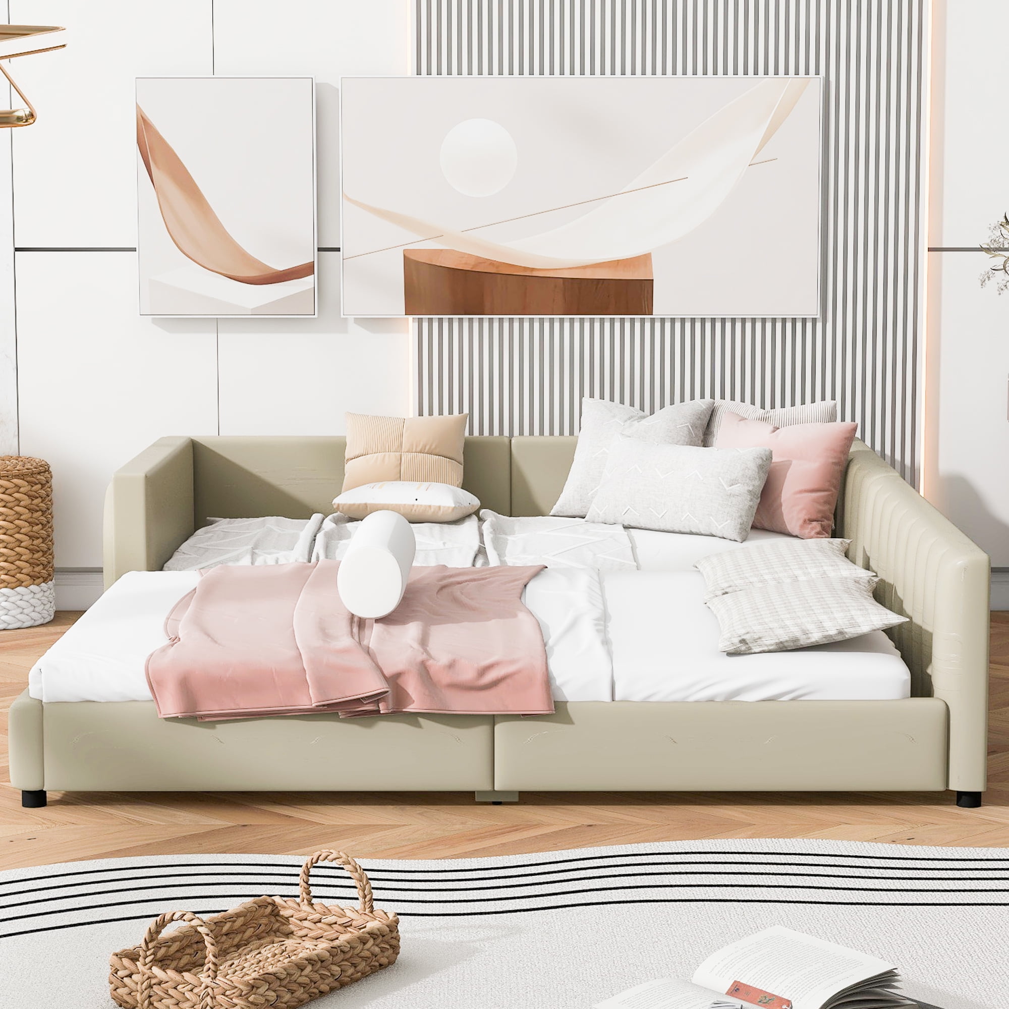 Harper & Bright Designs Wooden Mother Bed Frame Queen and Twin XL Size Daybed, PU Leather Upholstered Grounded Platform Bed, Beige