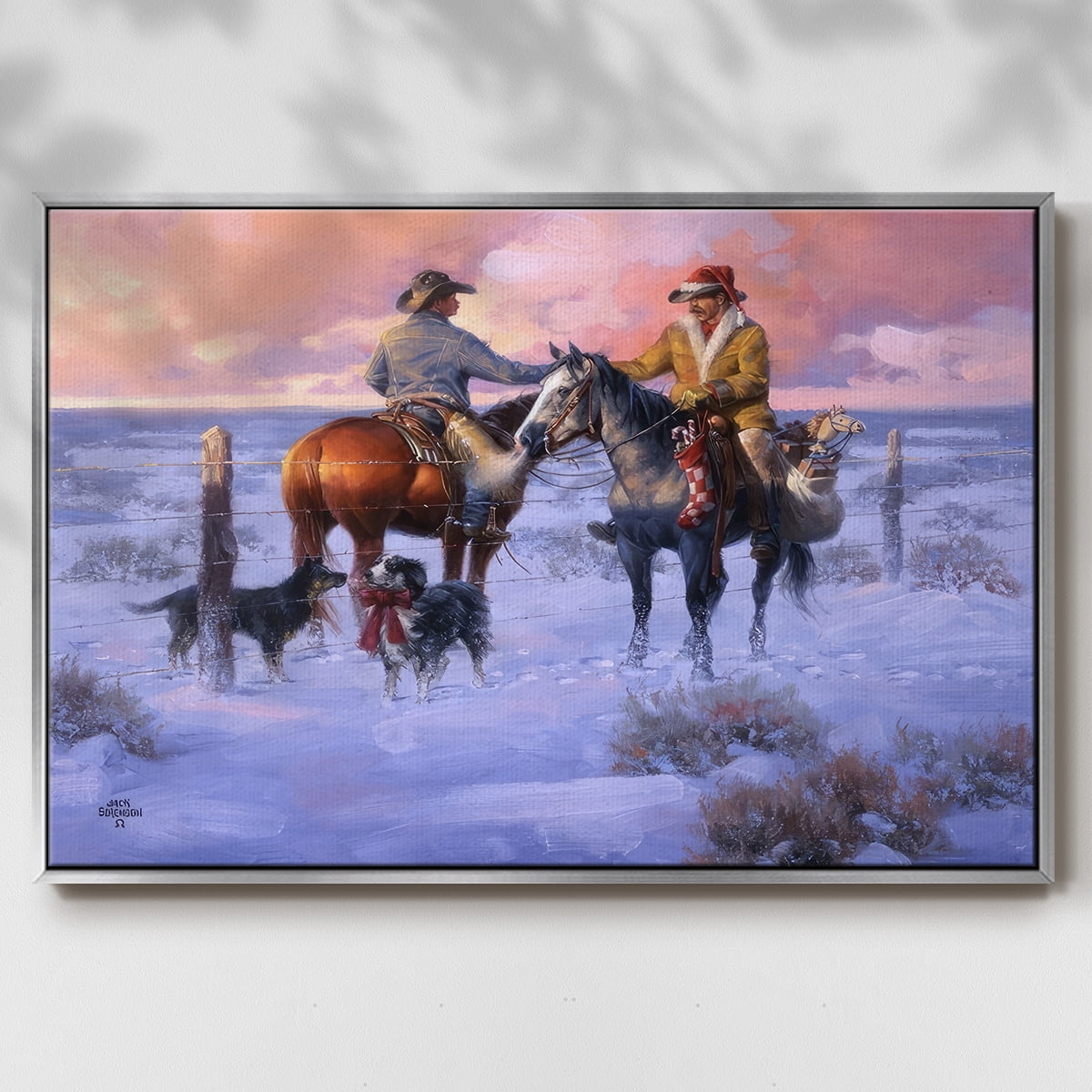 Sharin' Christmas with the Neighbors - Framed Gallery Wrapped Holiday Canvas - 27 x 41 - Silver Frame