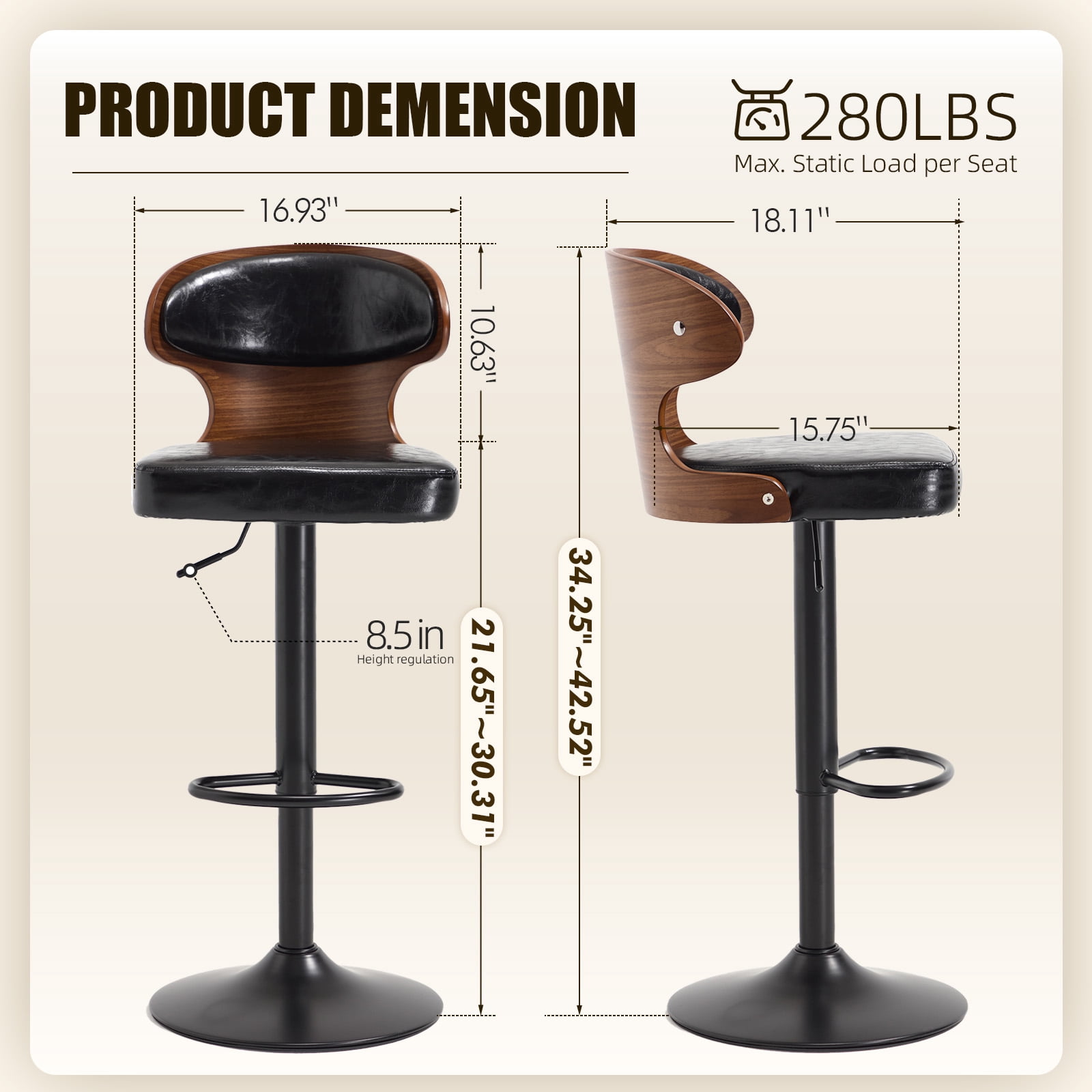 MOONMISS Swivel Bar Stools Set of 2, Wooden Kitchen Bar Chairs with Back, PU Leather Counter Height Barstools for Kitchen Island,