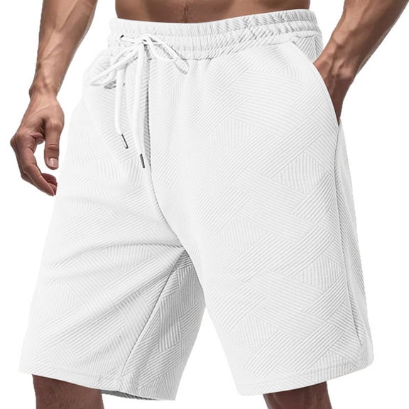 Besolor Men's Shorts Summer Textured Wide Leg Elastic Waisted Drawstring Casual Loose Running Shorts with Pocket(X-Large,White)