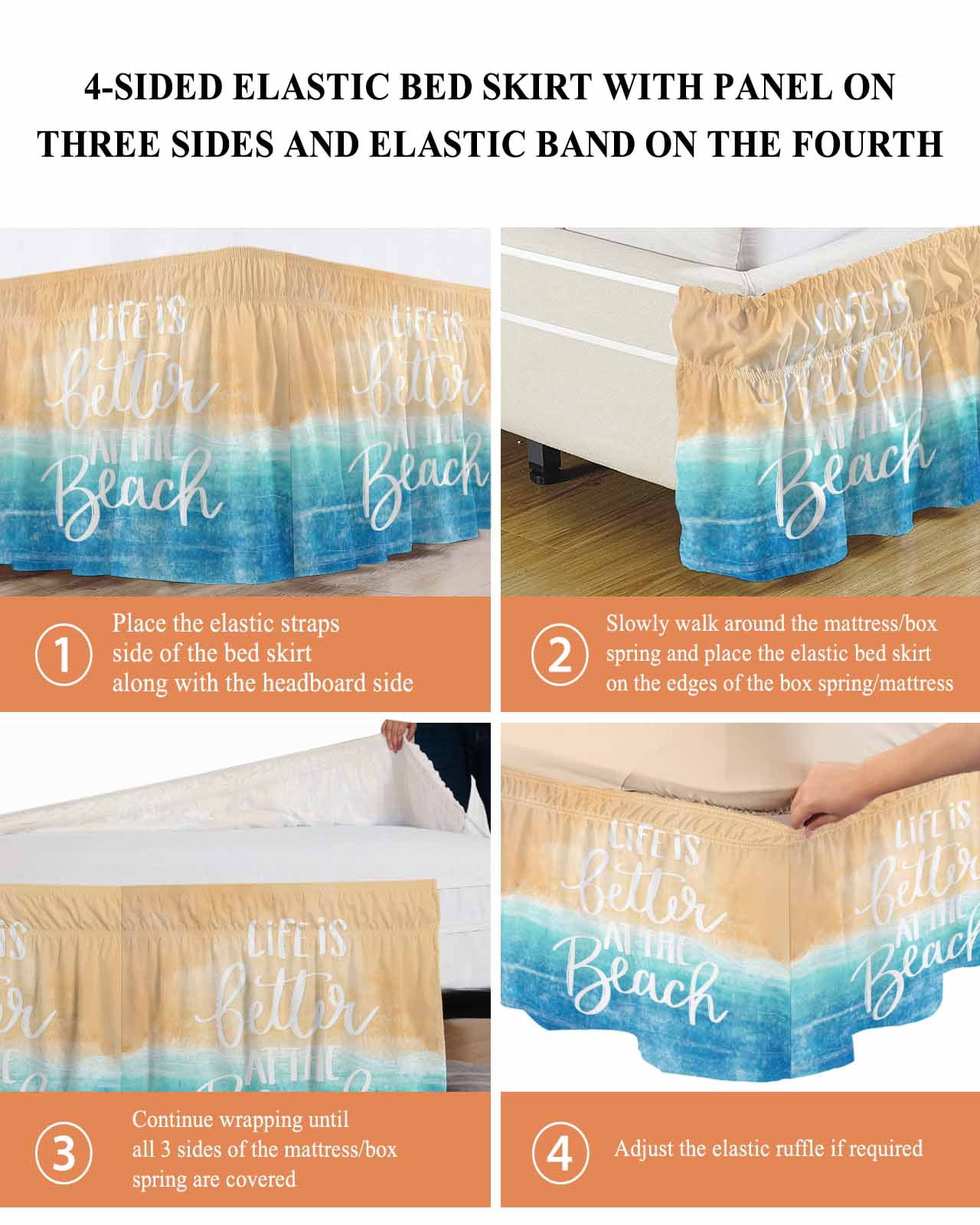 Blue Coastal Wrap Around Bed Skirts for Queen Bed 16" Drop, Bed Skirt with Adjustable Elastic Belt Dust Ruffle Bed Valance for Bedroom Hotel Luxury Life Is Better At The Beach Beach Bed Frame Cover