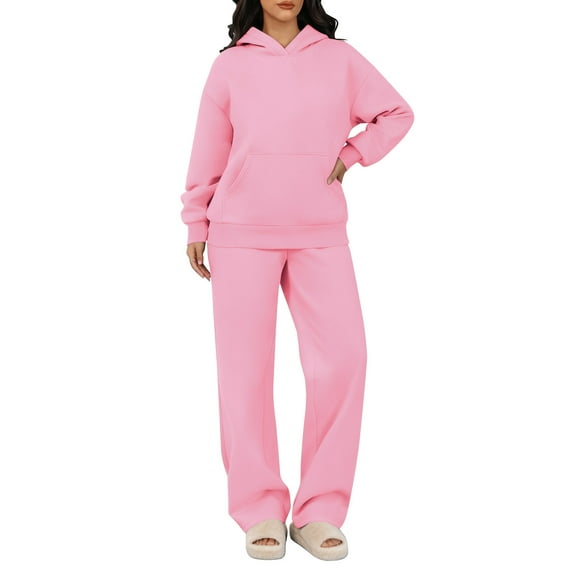Huankd 2 Piece Lounge Sweat Sets Plus Size Spring Fashion Matching Sweatsuits Wide Leg Pants Travel Outfit Winter Clothes Pink 2XL