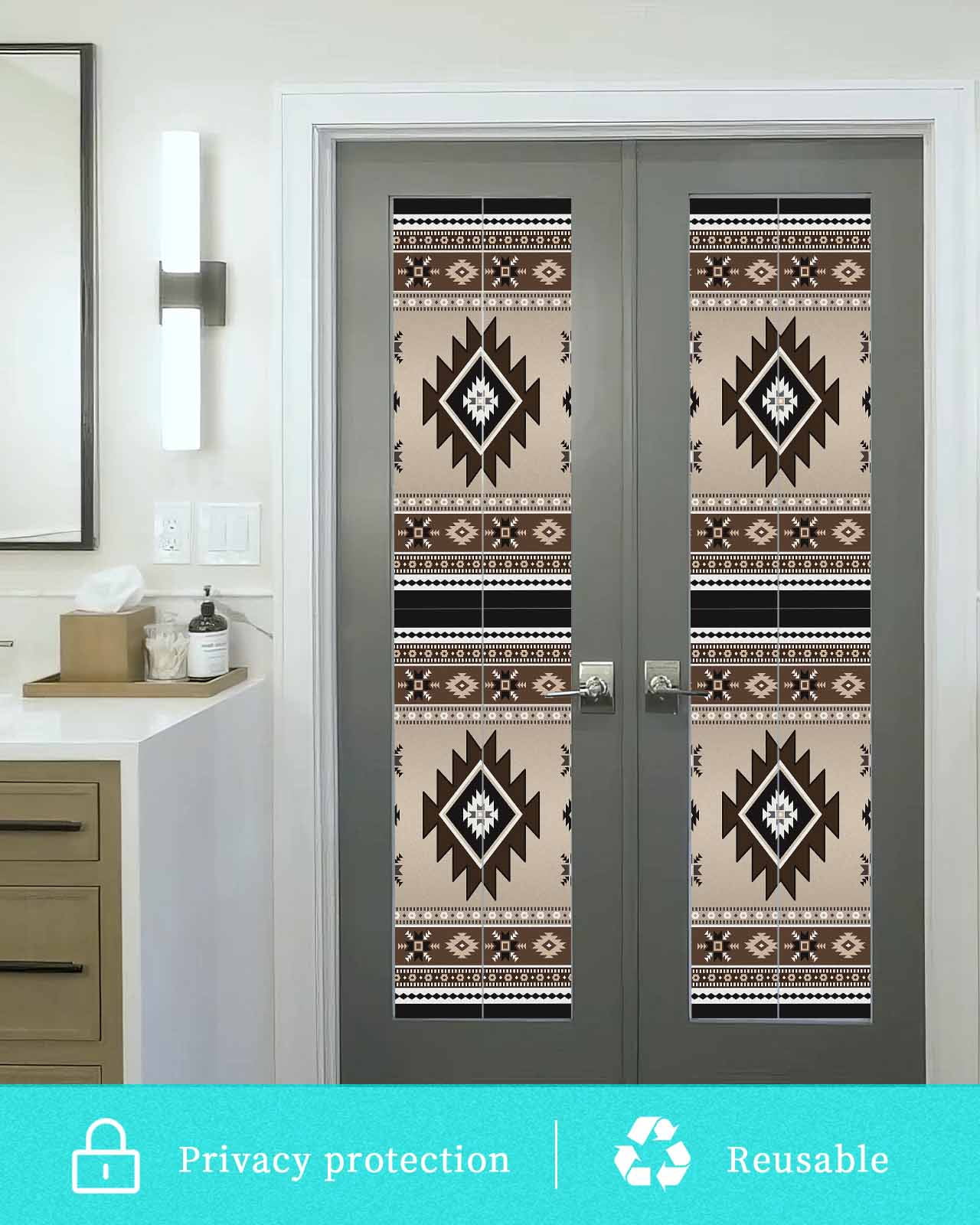 Window Privacy Film Brown Aztec Stained Glass Window Film Decorative Sun Block Window Cover Boho Southwest Ethnic Neutral Motifs Window Clings Static Adhesive Sticker for Bathroom 29.5"x118"