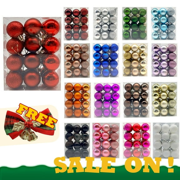 Bouanq 24ct Plastic Mini Small Tree Shatterproof Christmas Hanging Ball Ornaments, Christmas Ball Ornaments for Xmas Tree (1.37")