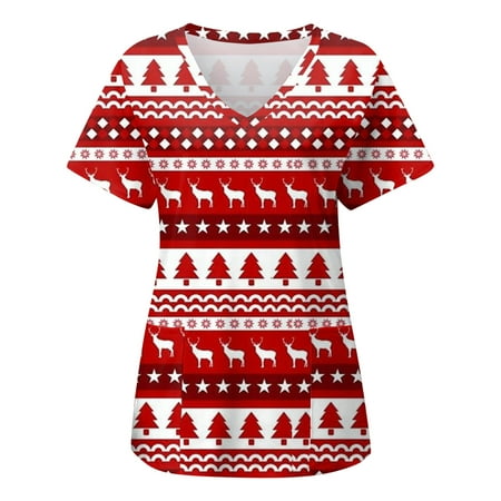 

TAIAOJING Women Scrubs Top Christmas Print Short Sleeve Pocket V Neck Overalls T Shirt Short Sleeve Long Sleeve Shirts