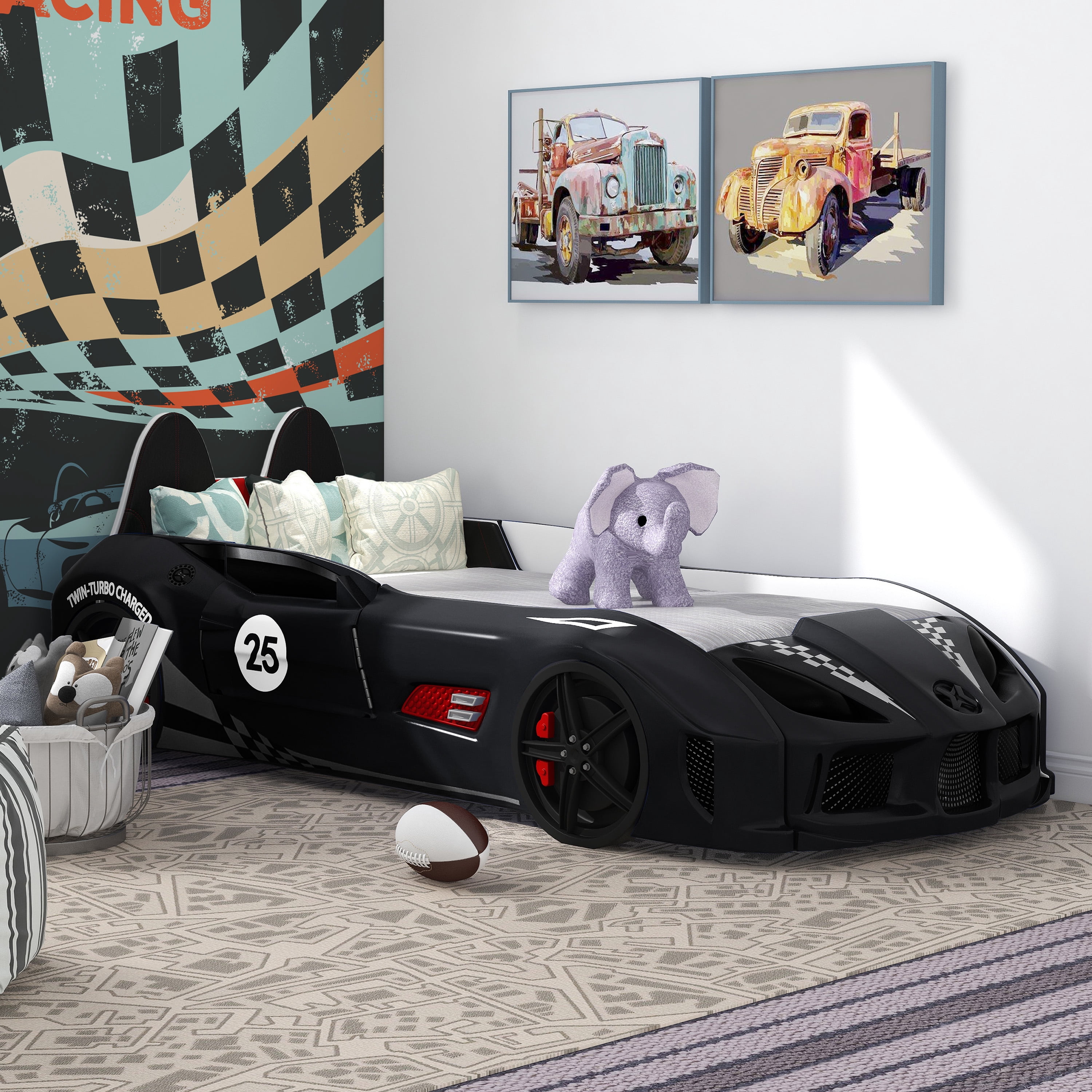 Furniture of America Dash Kids Plastic Twin Race Car Bed with LED and Sound, Black
