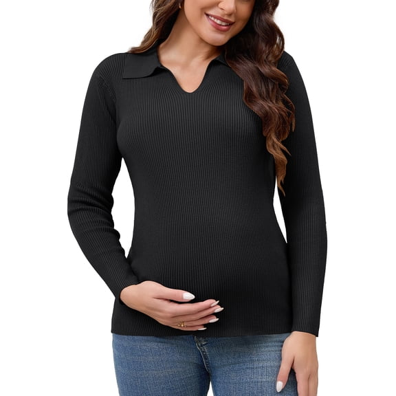 DARING DIVA Women's Maternity Sweater Ribbed Pullover Polo Sweater S Black
