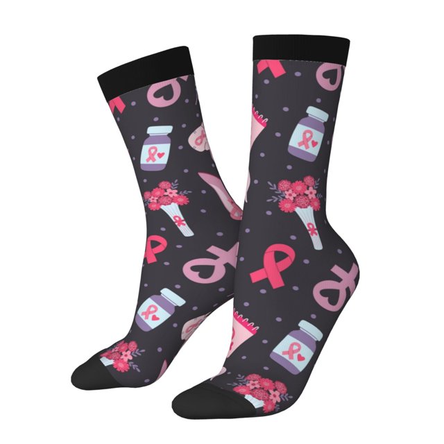 Wukai Breast Cancer Awareness1 Print Contrast Color Mid-tube Socks, 3D Printing Design Adult Socks, High Elastic Breathable Sports Socks, Suitable for Daily,Unisex
