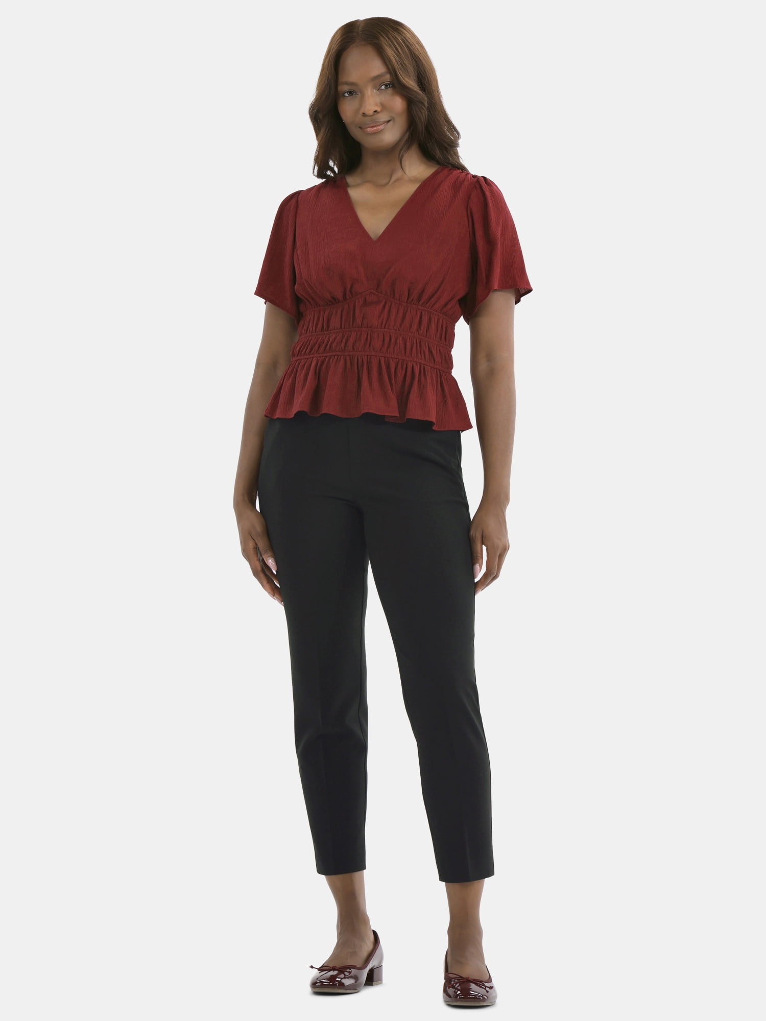 Time and Tru Women's Cinched Waist Peplum Blouse with Flutter Sleeves, Sizes XS-XXXL