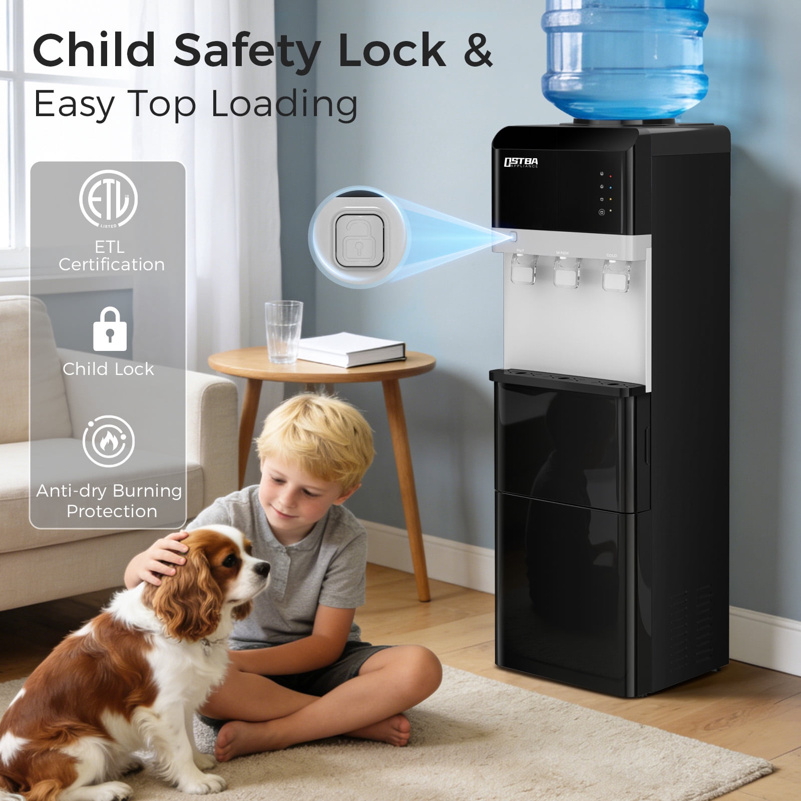 OSTBA 4-in-1 Water & Ice Dispenser, Hot, Cold & Room Temperature Water with Bullet Ice Maker, Touch Control, Child Safety Lock, Fits 3 & 5 Gallon Bottles