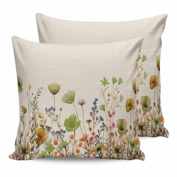 14x14 Pillow Covers Set of 2, Sage Green Yellow Spring Floral Throw Pillow Covers Decorative Couch Cushion Case, Watercolor Botanical Summer Flowers Microfiber Square Pillowcases for Bedroom