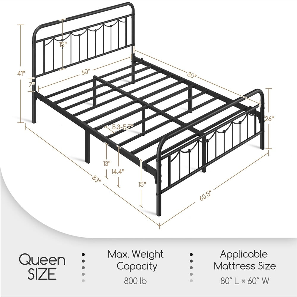 FASCK  Queen Size Metal Bed Frames with Vintage Headboard and Footboard, Farmhouse Metal Platform Bed, Heavy Duty Steel Slat Support, Ample Under-Bed Storage, No Box Spring Needed, Black