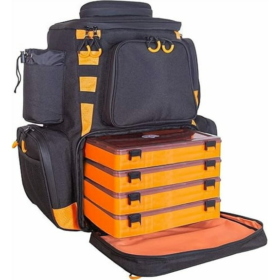 Amber Sporting Goods Fishing Backpack Waterproof Tackle Bag with Protective Rain Cover Includes 4 Tackle Boxes Stainless Steel Fishing Pliers and Lanyard, Black/Orange