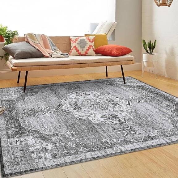 9x12 Washable Vintage Medallion Area Rug - Distressed Design for Living Room and Entryway，Grey