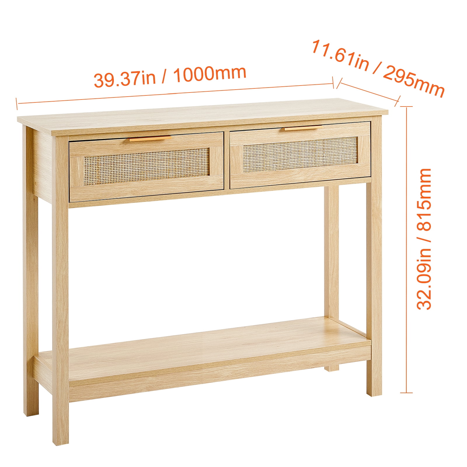 VEVOR Rattan Console Table with 2 Storage Drawers, Rattan Entryway Table with Natural Rattan Sliding Door, Console Sofa Table for Living Room, Study, Entryway Or TV Wall, Natural
