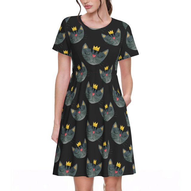 Bixox Robe d'Été à Manches Courtes pour Femmes Robe Ample Longueur Genou avec Poches-Faces du Chat