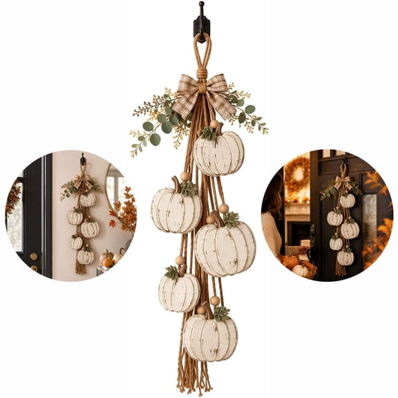 Rustic Wooden Pumpkin Door Hanging, Distressed Wooden Pumpkins,Farmhouse Fall Wall Door Decor with Plaid Bow, for Indoor Outdoor Thanksgiving Harvest Decoration
