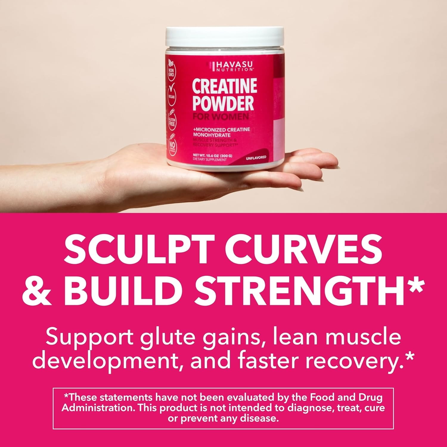 Havasu Nutrition Micronized Creatine Monohydrate Powder for Women, Unflavored, 10.6 oz (100 Servings)