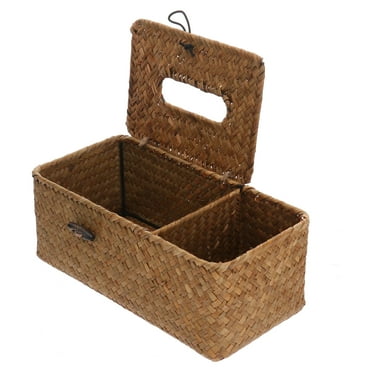 Delicate Seaweed Woven Storage Box with Lid for Tissues and Sundries Khaki Synthetic Material