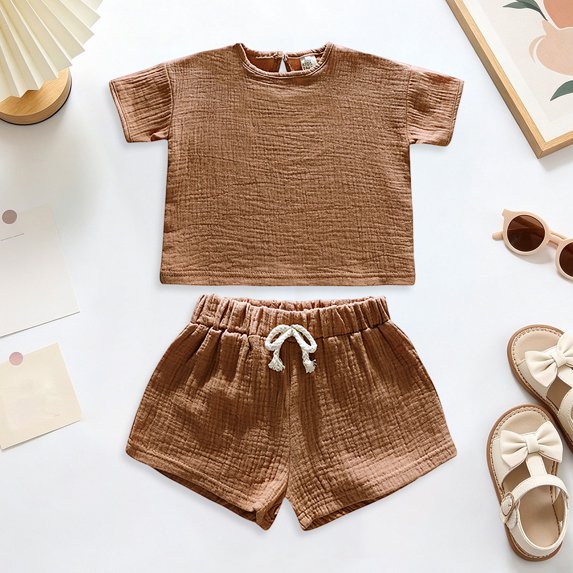 NIEWTR Toddler Summer Set 2-Piece Short Sleeve Crewneck Top & Pull-on Shorts Breathable Pajamas for Boy Girl 2T 3T 4T 5T Loungewear(A-Brown,12-24 Months)