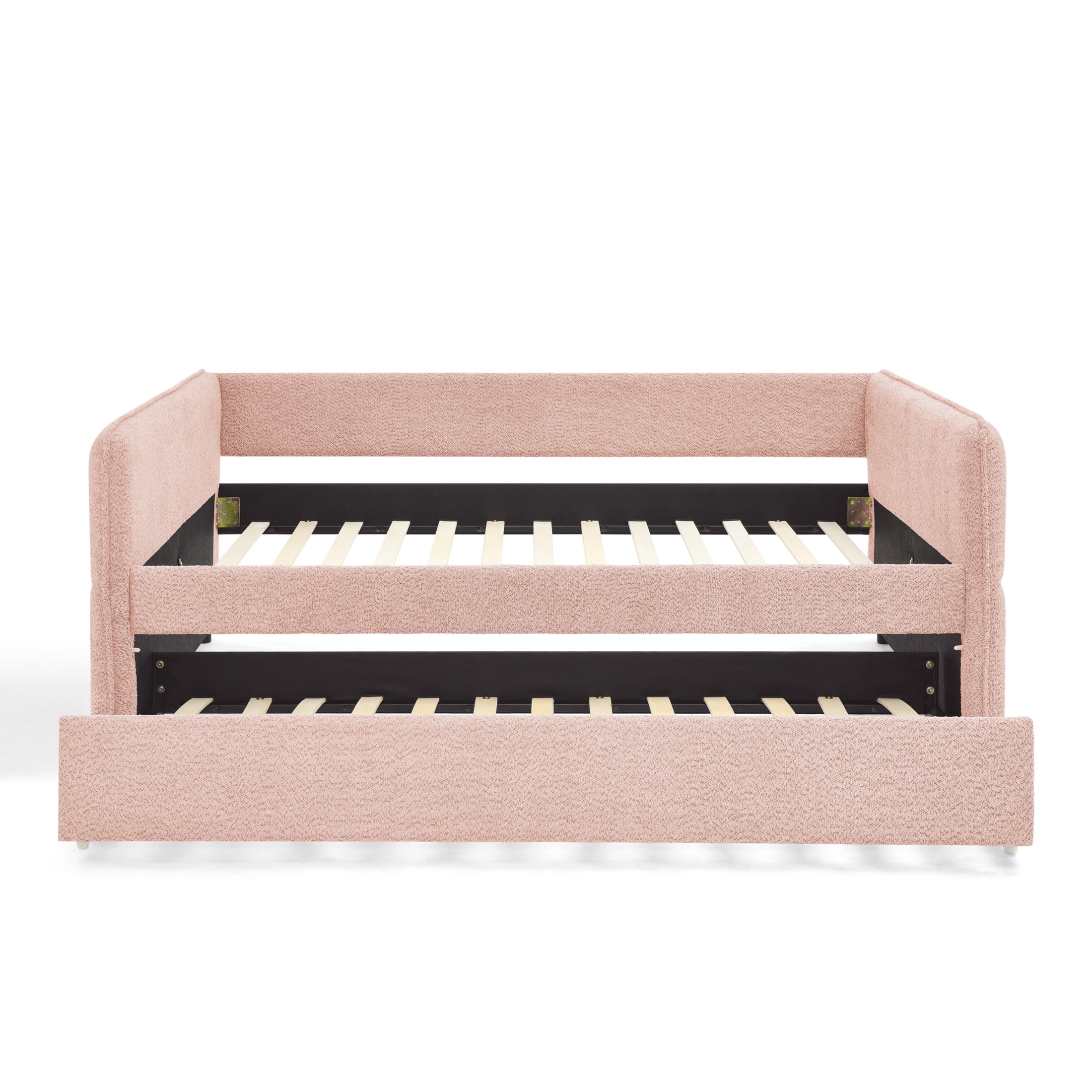 Noble House Zenton Full Size Boucle Daybed, Tufted Sofa Bed Frame with Trundle, Modern Guest Sleeper Couch, Pink