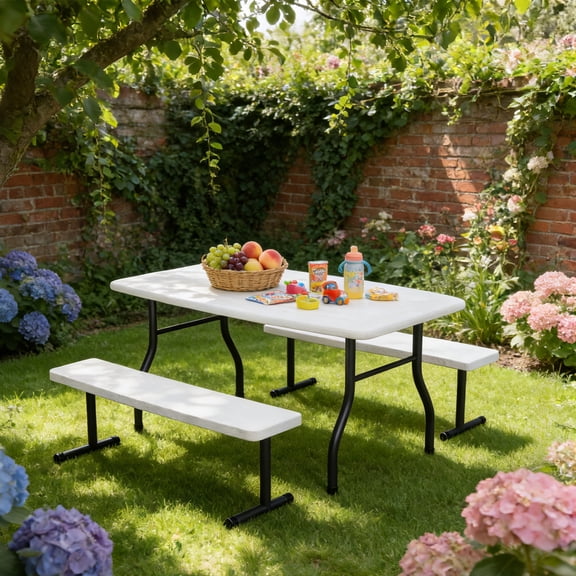 WASUHE 38" Outdoor Picnic Table Set, Heavy Duty All Weather Plastic Table Set for Small Spaces, Patio & Garden, Party, Compact, White